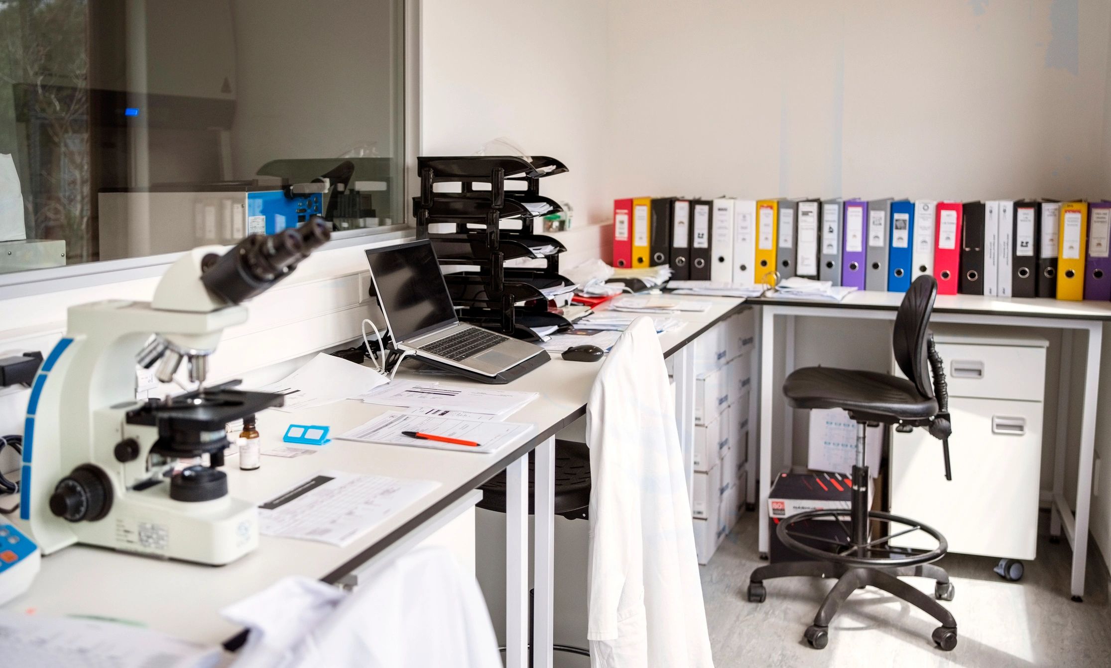 Scientific research papers and laboratory desk