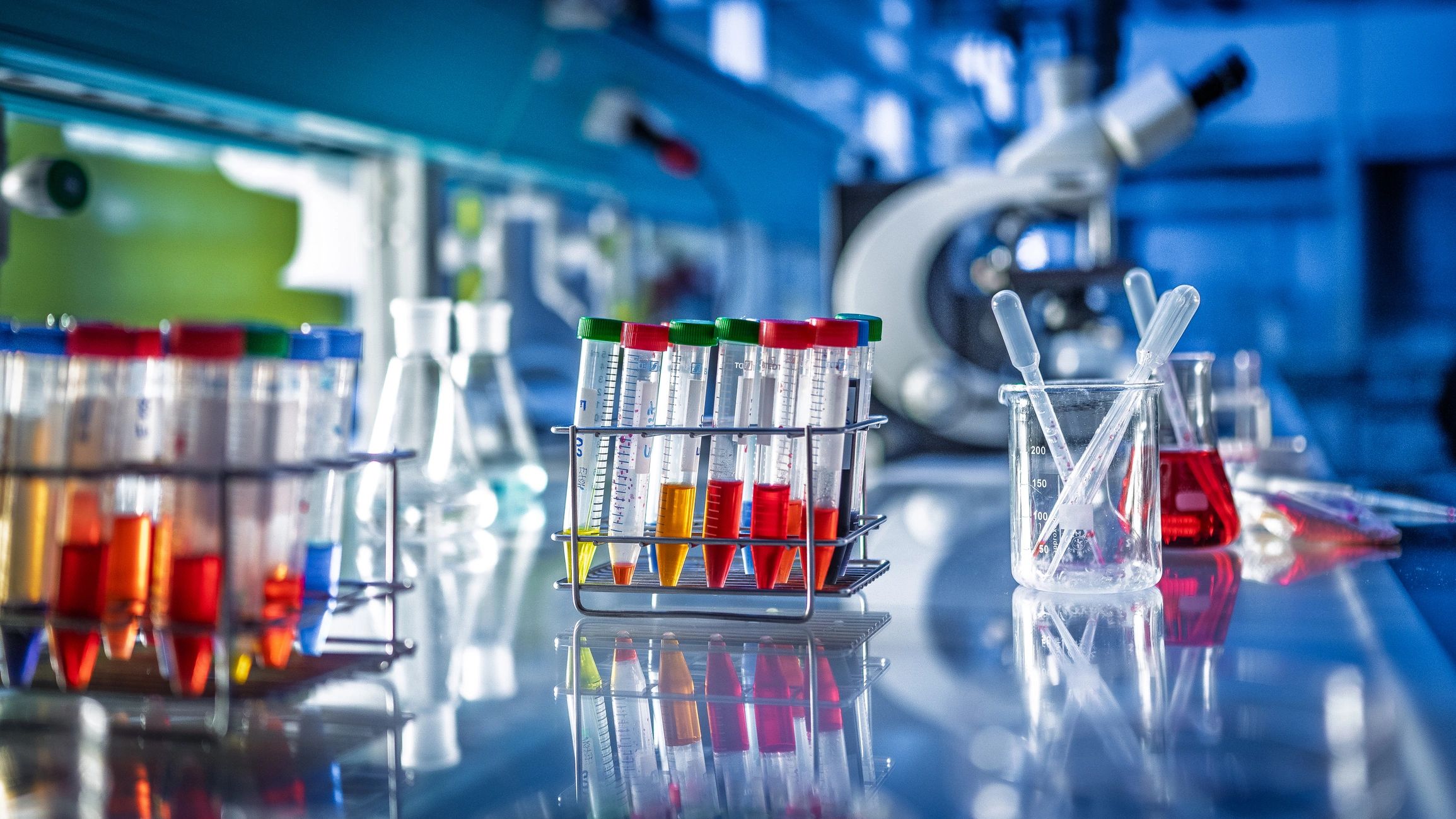 Laboratory bench with microscope and scientific samples